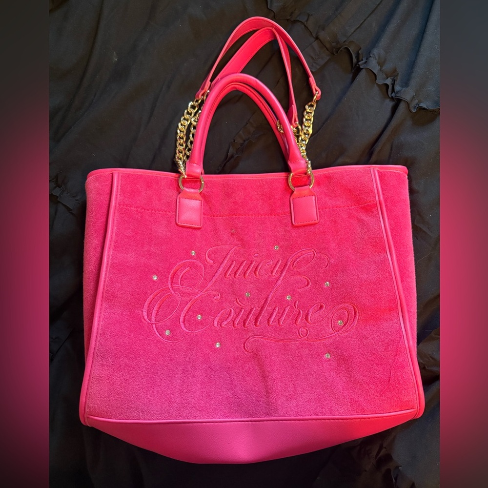 Juicy Couture Bright Pink Suede Tote with Gold Chain Handles